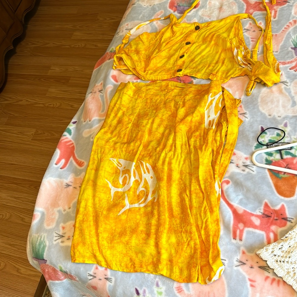 Sun suit top and wrap around skirt yellow tie dye